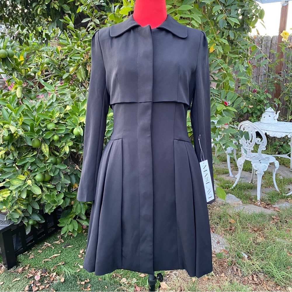 Maslavi Womens Collared Long Sleeve Buttoned Pleated Sheath Dress Black 2 NEW